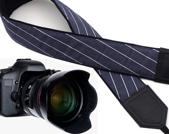 Denim camera strap with white stripes. Blue DSLR camera strap. Photo camera accessories. Mens padded camera straps by InTePro