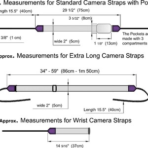 May include: Diagram showing the approximate measurements for standard, extra long, and wrist camera straps. The standard strap is 15.5 inches long and 2 inches wide. The extra long strap is 34 to 59 inches long and 2 inches wide. The wrist strap is 14 9/16 inches long.