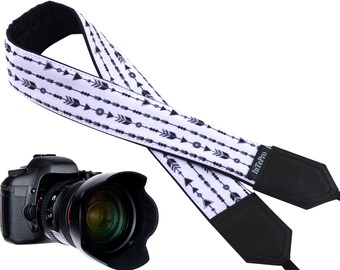 Custom camera strap with black arrow design. Comfortable and secure camera strap Best gift for travelers. Many different design camera strap