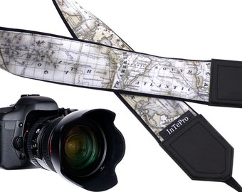 World map camera strap. Personalized camera strap. North America, Europe, Australia. SLR / DSLR Padded camera strap by InTePro