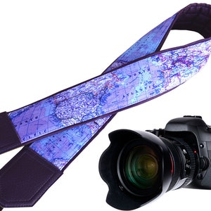 Personalized camera strap with blue world map design. Comfortable and safe strap - Best gift for photographer. Purple and padded strap