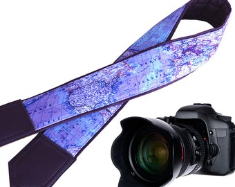 Personalized camera strap with blue world map design. Comfortable and safe strap - Best gift for photographer. Purple and padded strap