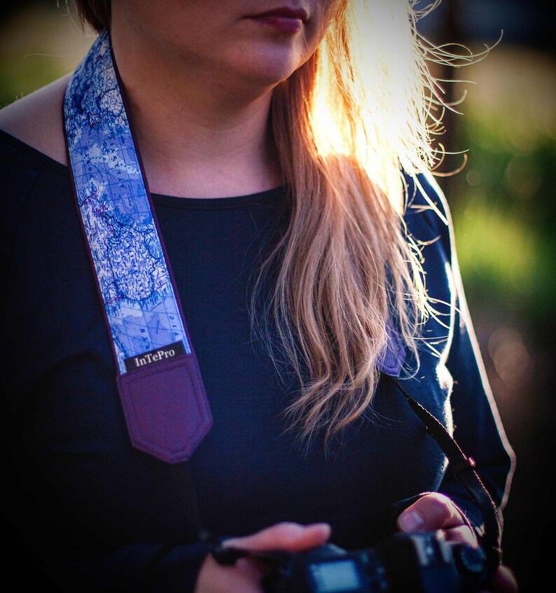 Personalized camera strap with blue world map design. Comfortable and safe strap Best gift for photographer. Purple and padded strap image 3