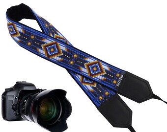 Native American-Inspired DSLR/SLR Camera Strap with Blue Beaded Design by InTePro