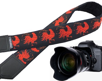 Camera strap with red roosters. Chicken. Birds.  Padded camera strap. Black and red. Camera accessory.