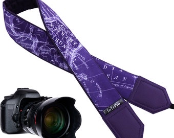 Camera strap with purple world map design and purple back and ends. Camera strap with personalization. Gift for travelers by InTePro