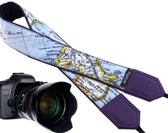Camera Strap with world map design. DSLR and SLR Padded Camera Strap. Camera accessories. Personalized Camera Strap