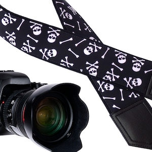 Halloween gifts. Skulls camera strap with pocket and embroidery option. Black & white DSLR and SLR camera strap. Unique design