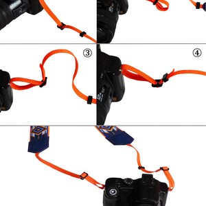 May include: A close-up of a camera strap with a blue and orange patterned design. The strap is shown in four different positions, demonstrating how to attach it to a camera.