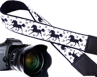 Black Horses Camera Strap, Black And White Camera Strap. DSLR and SLR  Camera Strap,  Camera Accessories for travelers and photographers.
