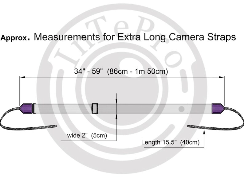 May include: A white camera strap with purple accents. The strap is 15.5 inches long and 2 inches wide. The strap can be adjusted to lengths between 34 and 59 inches.