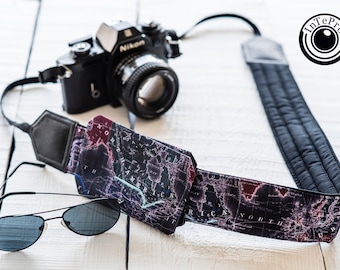 InTePro World map camera strap with personalization and pocket. Camera Strap with Embroidery for DSLR, Mirrorless and other cameras.