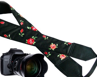 Black Camera strap with flowers. DSLR / SLR Camera Strap. Camera accessories. Durable, light weight and well padded camera strap.
