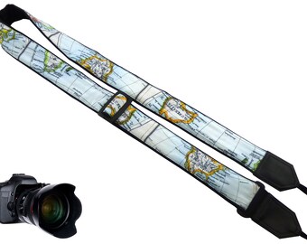 XL  Camera strap with World Map design. Blue map neck camera strap. Photo accessory by InTePro.  Great gift for Christmas.