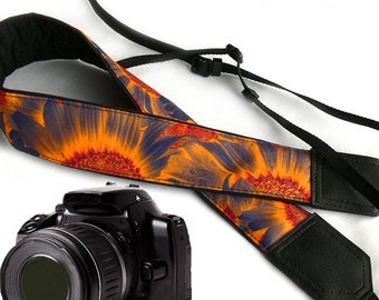 Camera strap with Sunflowers design.  Flowers camera strap.  Black and orange DSLR/SLR Camera Strap. Camera accessories by InTePro