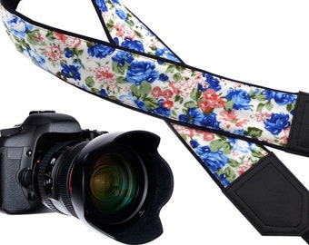 Camera strap Flowers.  Blue and pink roses DSLR / SLR Camera Strap. Camera accessories. Durable, light and padded camera strap from InTePro