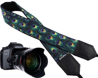 InTePro personalized camera strap for mirroless or DSLR cameras. Peacock design, padded and durable accessory for photographers. Great gift.