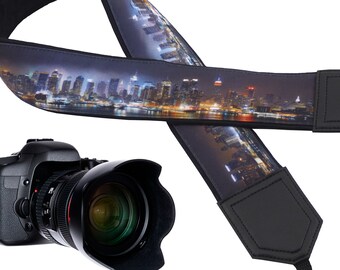 New York City Skyline camera strap. Megapolis view camera strap. Comfy and secure camera strap. Big cities night view design. Unique gift.