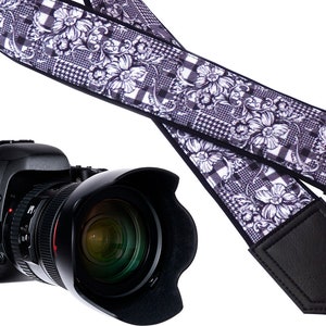 白黒カメラストラップ。花柄カメラストラップ。花柄カメラストラップ。DSLR/SLRカメラストラップ。InTeProのカメラアクセサリー