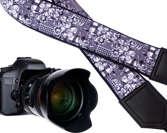 Black and white Camera strap. Flowers camera strap. Floral camera strap.  DSLR / SLR  Camera Strap. Camera accessories by InTePro