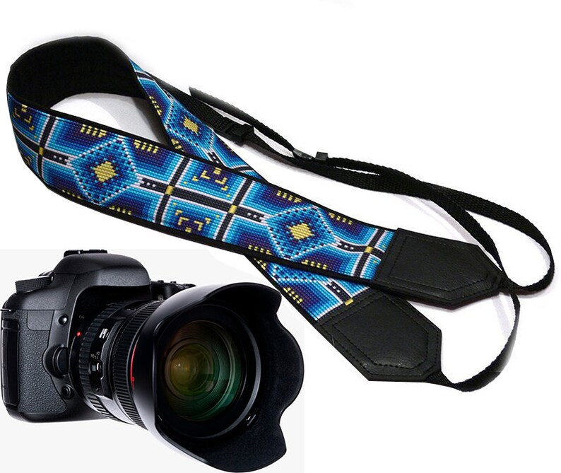 Monogram camera Strap. Personalized Blue Ethnic Camera strap. image 1