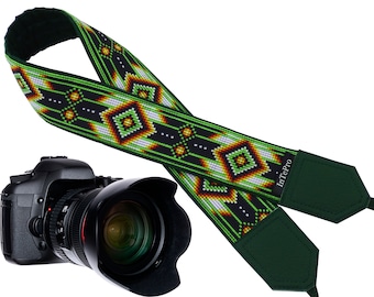 DSLR camera strap with green native design. Gift idea for photographer and traveler. America native motives