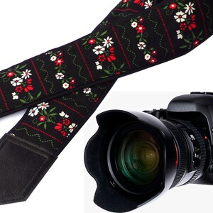 花柄カメラストラップ。ブラックカメラストラップ DSLR / SLR。カメラアクセサリー。InTePro の耐久性があり、軽量でパッド入りのカメラストラップ