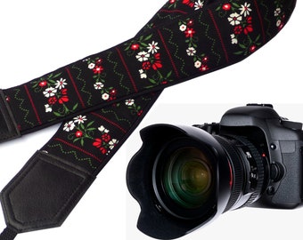 Flowers Camera strap.  Black Camera Strap DSLR / SLR. Camera accessories. Durable, light weight and well padded camera straps by InTePro