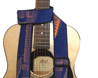 Guitar Strap with Guitar Silhouette. Blue. Orange. Guitar Accessory for Acoustic, Electric, Bass & other guitars. Perfect gift for musician!