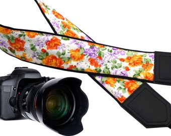 Camera strap with flowers design.  Orange roses camera strap.  DSLR / SLR Camera Strap. Camera accessories by InTePro