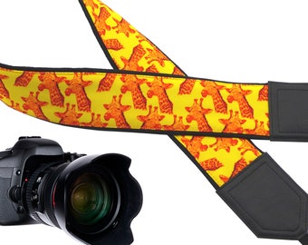 Camera strap with bright orange giraffe design. DSLR / SLR. Padded camera strap. Personalized camera strap by InTePro