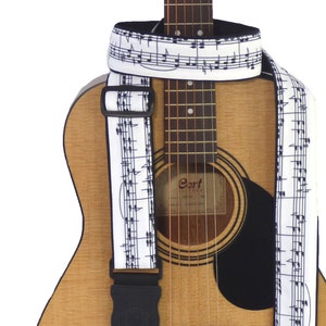 Music Notes Guitar Strap. Black and White. Handmade Guitar Accessory for All Types of Guitars. German Genius Leather endings. Durable cloth.
