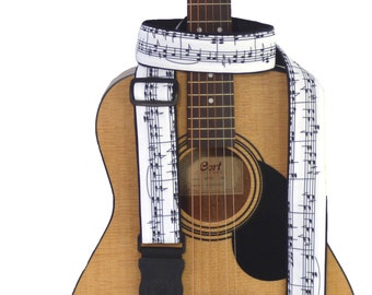 Music Notes Guitar Strap. Black and White. Handmade Guitar Accessory for All Types of Guitars. German Genius Leather endings. Durable cloth.