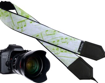 Camera strap with vintage music notes. Personalized camera strap. SLR / DSLR Padded green camera strap by InTePro