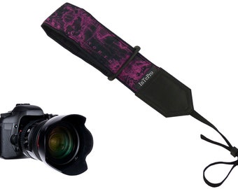 Wrist camera strap with purple map design for DSLR / SLR cameras. Great gift for travelers.