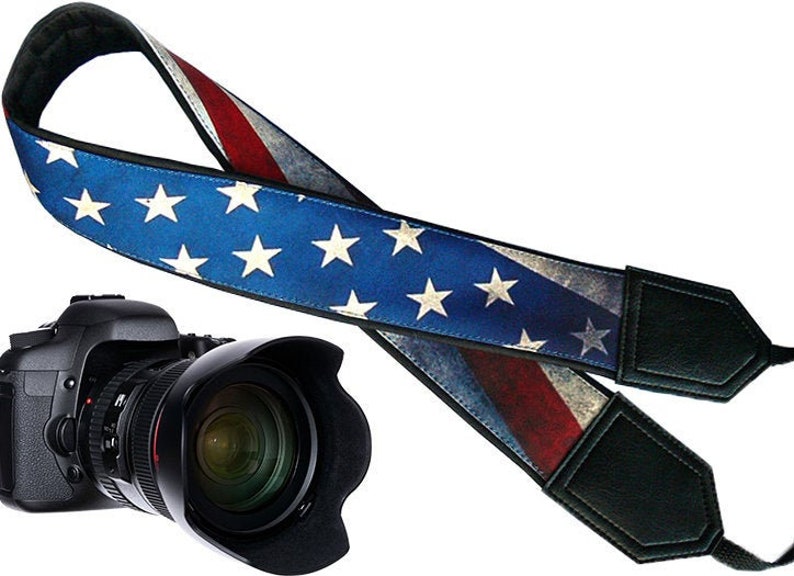 Personalized Vintage USA flag camera strap. Best gift. Independence day. Photo accessory. image 2