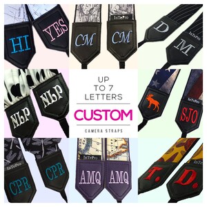 May include: A collage of nine images showcasing customizable camera straps with various patterns and colors. Each strap features a personalized embroidered name or initials, such as "HI", "YES", "CM", "D", "NLP", "SJO", "CPR", "AMQ", and "T.D.". The text "UP TO 7 LETTERS CUSTOM CAMERA STRAPS" is displayed in the center.