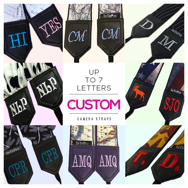 May include: A collage of nine images showcasing customizable camera straps with various patterns and colors. Each strap features a personalized embroidered name or initials, such as "HI", "YES", "CM", "D", "NLP", "SJO", "CPR", "AMQ", and "T.D.". The text "UP TO 7 LETTERS CUSTOM CAMERA STRAPS" is displayed in the center.