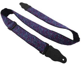 Dark blue guitar strap with paisley motives. Blue and pink strap for Guitar, Bass Guitar etc. Soft, padded, durable gift for music students.