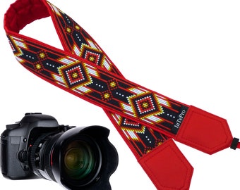 Personalized camera strap with red native design for DSLR and SLR cameras. Gift idea for photographer and traveler. American native motives.