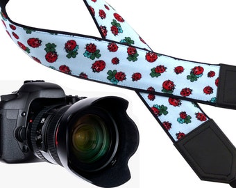 Ladybird camera strap with four leaf clovers. Light weight DSLR Camera Strap. Camera accessories by InTePro