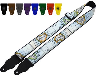 Guitar strap with world map design for electric, acoustic, bass and other guitars by InTePro