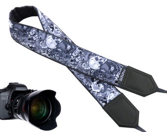 Personalized camera strap. Gray Sugar skulls camera strap. Halloween camera strap. Nikon Canon DSLR / SLR Camera Strap. Camera accessories.