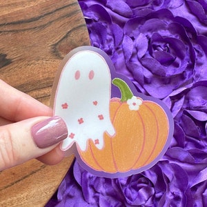 Clear Floral Ghost Pumpkin Sticker, Halloween Sticker, Laptop Sticker, Water Bottle Sticker, Waterproof Sticker, 2.5x2.5 in. Vinyl Sticker