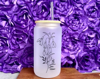 Personalized Birth Flower Glass Cup: 16oz Floral Tumbler with Bamboo Lid