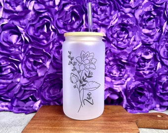 Personalized Birth Flower Glass Cup with Bamboo Lid
