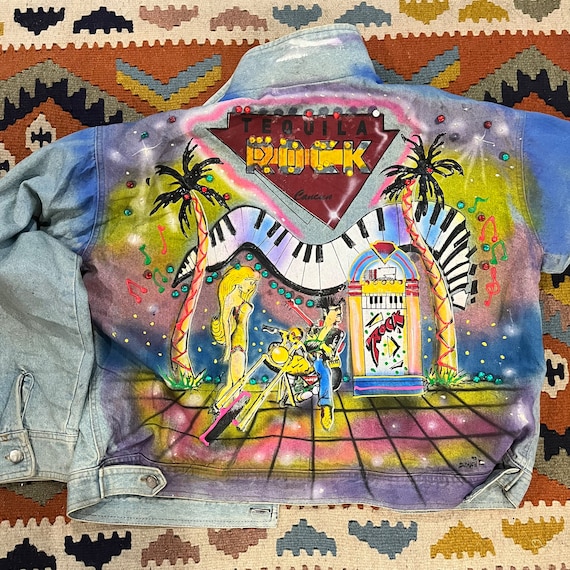 80s hand painted airbrush souvenir genim jacket C… - image 1