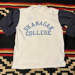 1960s 70s  3/4 sleeve reverse weave champion baseball tee okanagan college made in usa soze L