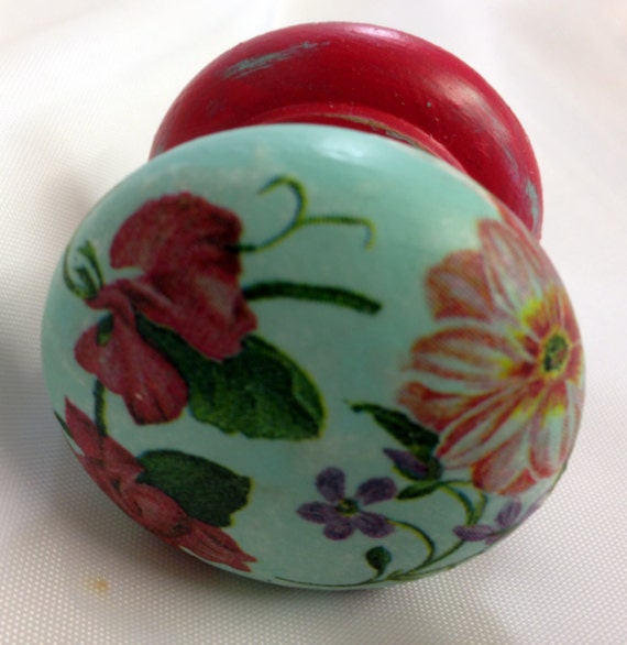 RASPBERRY PINK TURQUOISE BLUE FLORAL DRAWER PULL CUPBOARD HANDLE DRESSING TABLE