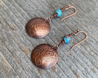 Etched Copper Dangle Earrings: Blue Sky Jasper Leaf Design